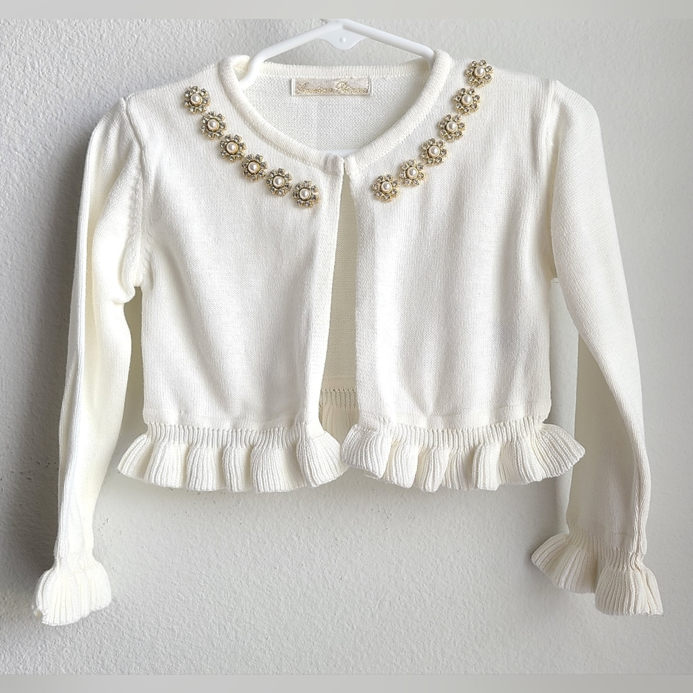 American Princess - Girl’s White Gem Embellished Formal Sweater, Sz 2T